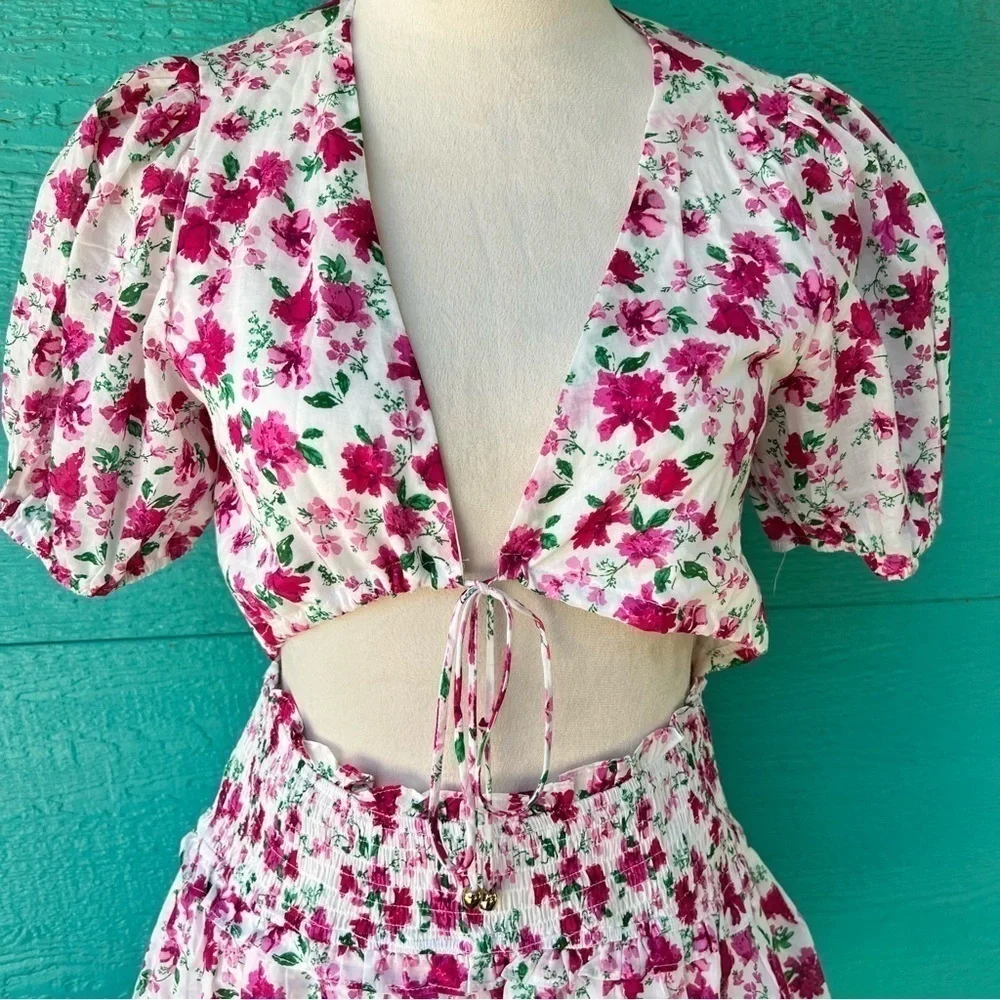 PINK Floral Smocked Waist Tie Front Tiered Ruffle Hem Cutout Dress Medium NWT